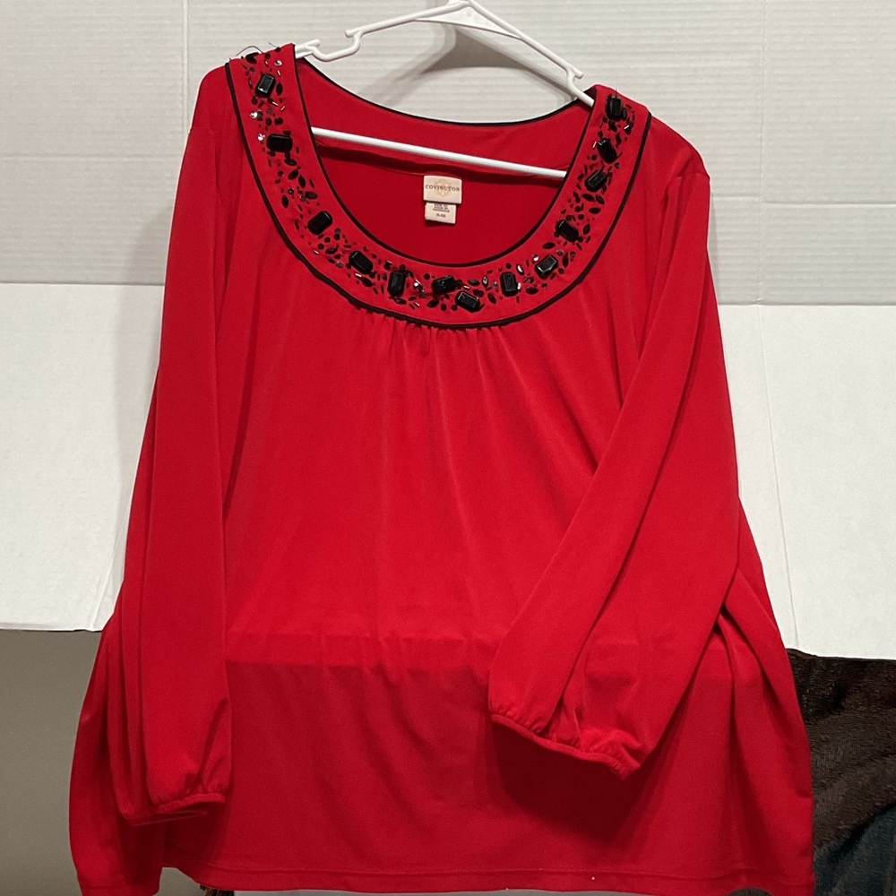 Covington Red Blouse with Embellished Neckline